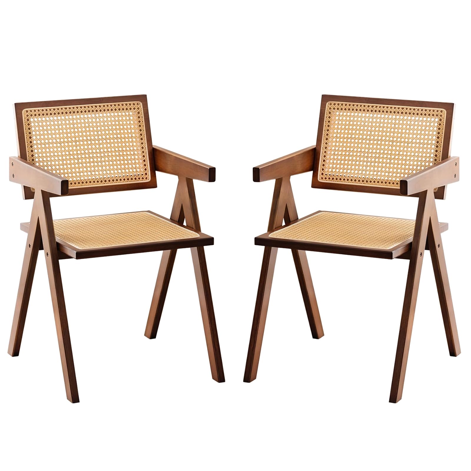 Furlide Rattan Accent Chairs, Modern Mid Century Dining Chairs Set of 2, Comfy Armchairs, Outdoor Rattan Chairs with Armrest for Bedroom Living Room Reading Room Dining Kitchen, Brown