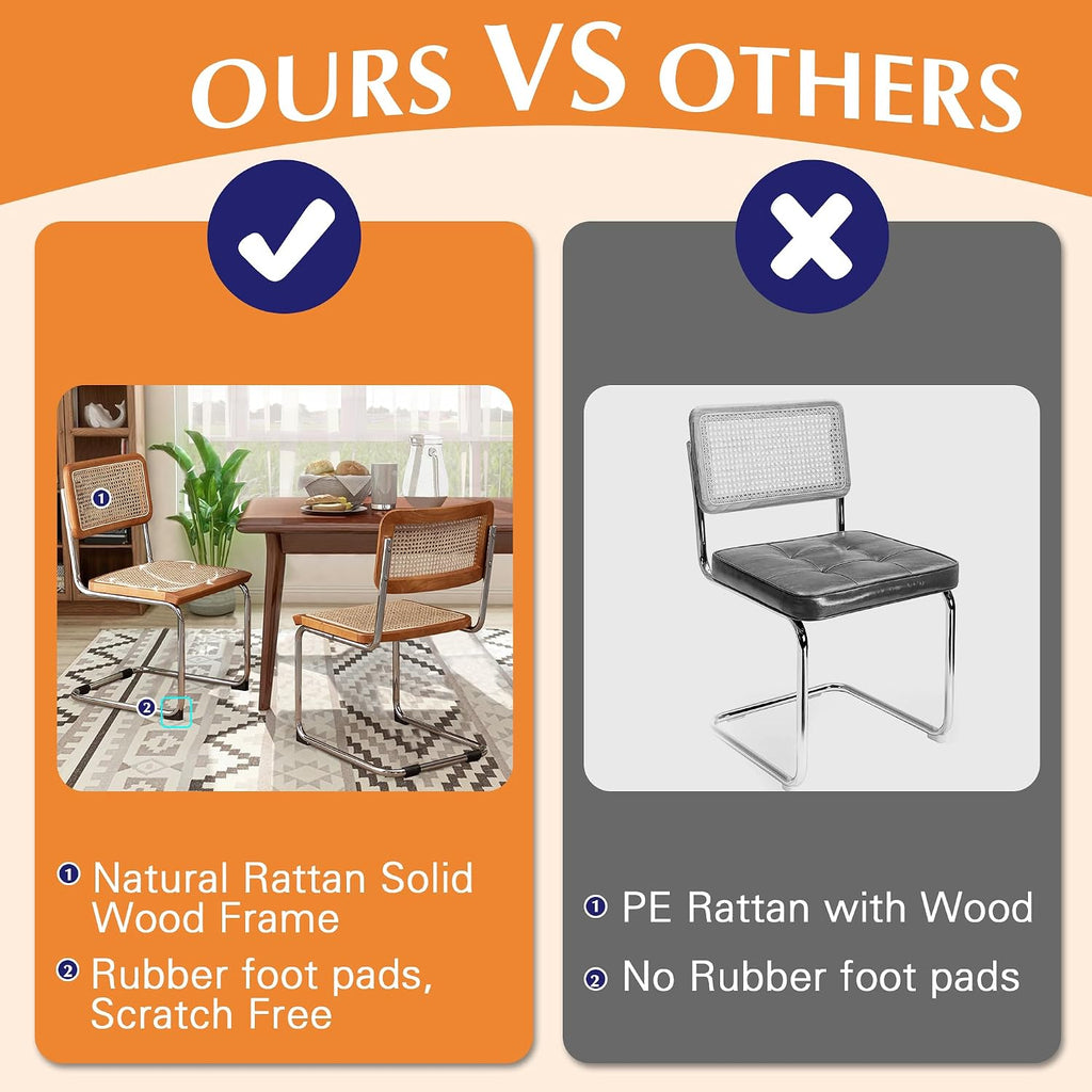 Alunaune Modern Mid Century Dining Chairs Set of 2, Upholstered Natural Rattan Kitchen Chairs Accent Chair, Armless Side Chairs with Metal Chrome Legs for Bedroom Living Room-Brown