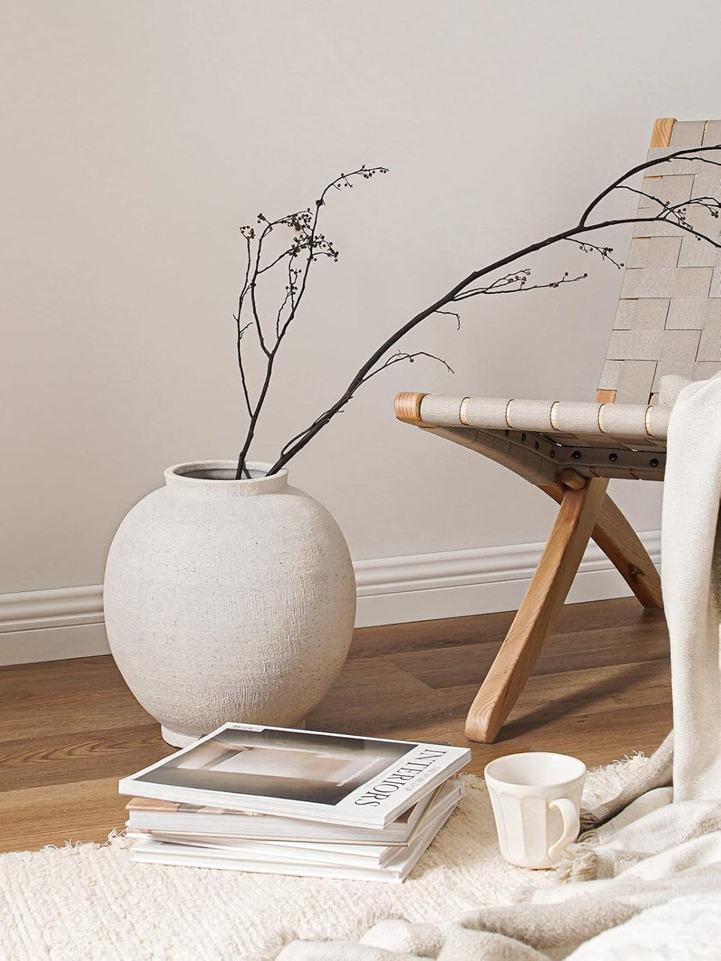 White Ceramic Vase - Large 12.5 Inch Round Floor Vase for Centerpieces, Farmhouse Flower Vases, Rustic Minimalist Home Decor (Sandstone White)