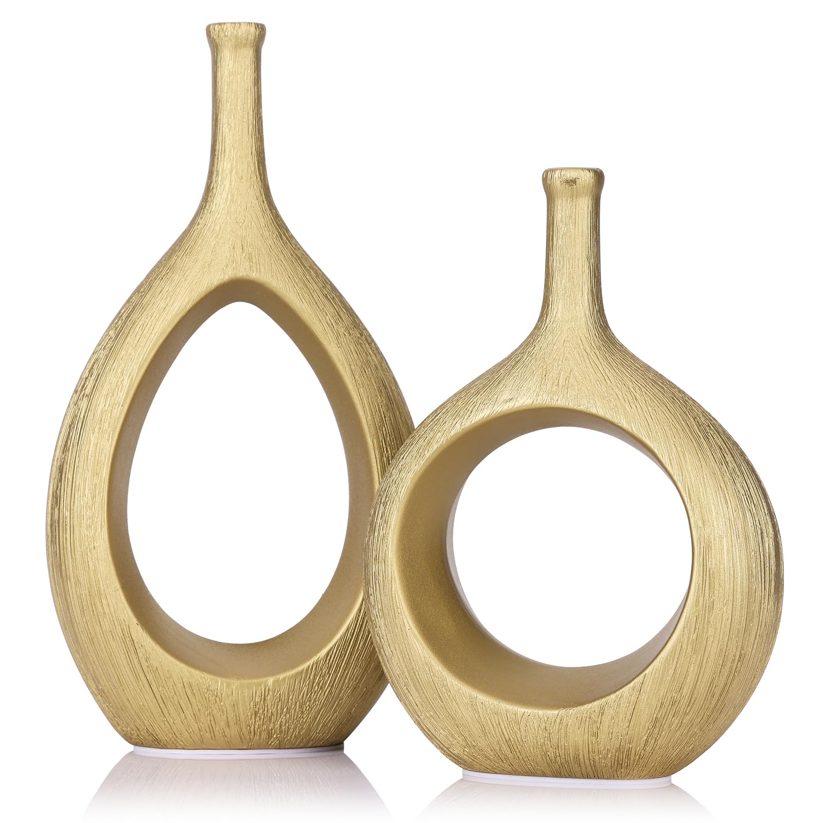 White and Gold Vase Ceramic White Vases Home Decor,Modern Minimalist Circle with Hole Decorative Vase, Hollow Ellipse Flower vases for Bookshelf, Fireplace Mantle, Centerpieces,Farmhouse,Rustic Décor