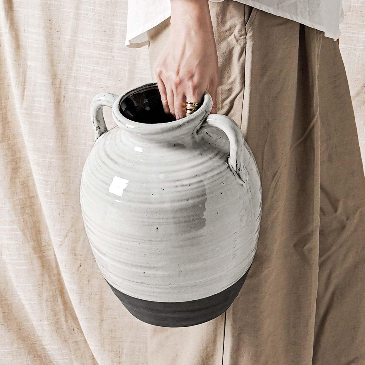 White Ceramic Vase - Large 11.8 Inch Tall Floor Vase for Centerpieces, Farmhouse Flower Vases, Rustic Minimalist Home Decor for Living Room, Enterway, Wedding (Sandstone White)