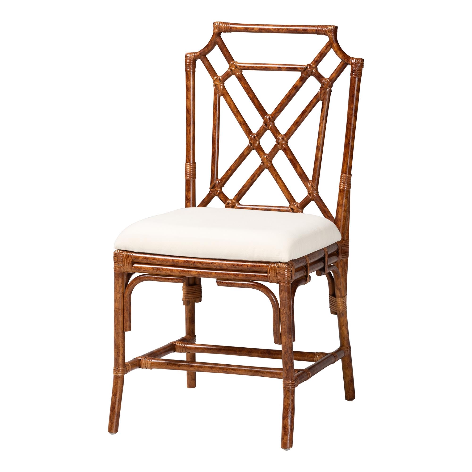 Bali & pari Esmery Marbled Tortoise Natural Rattan Dining Chair - Handcrafted Wicker Armchair with Crisscross Back, Boho Coastal Seating for Dining Room or Kitchen