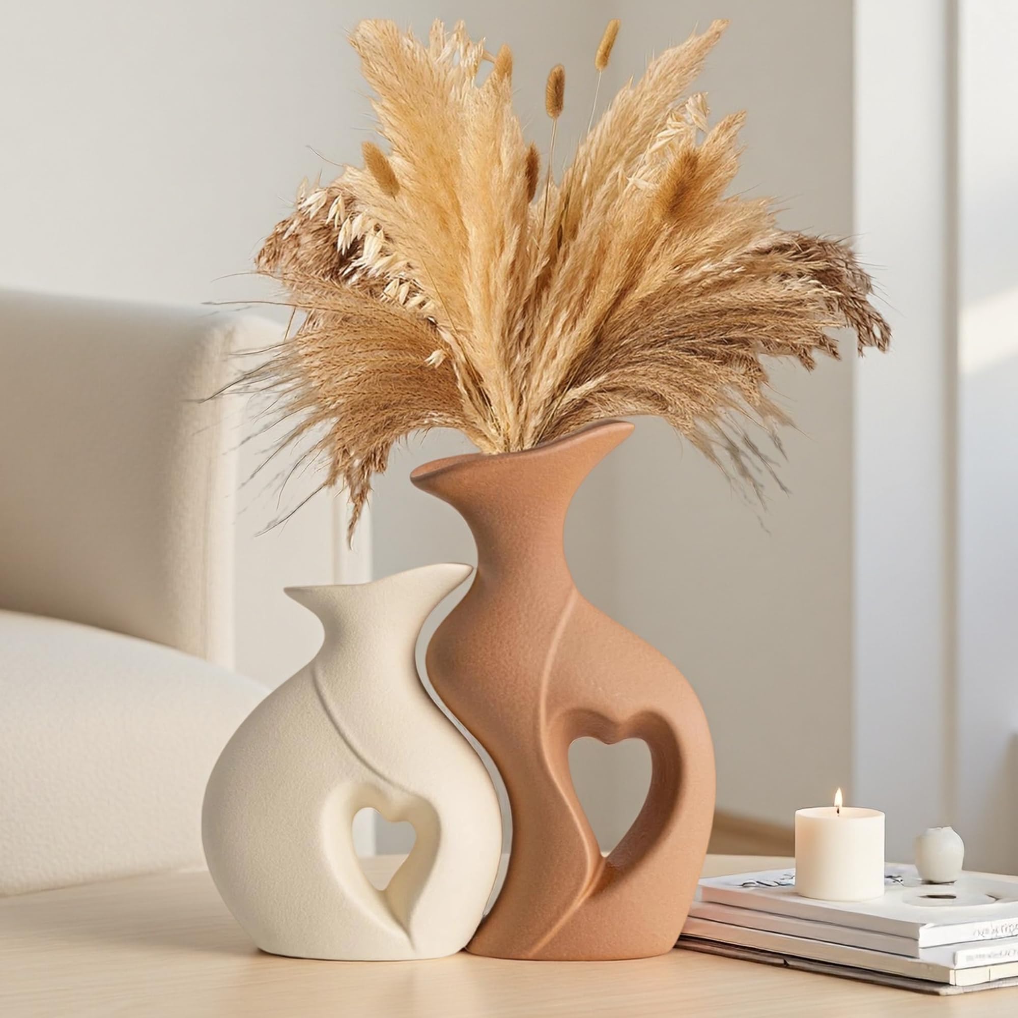 XL Black and White Vase Set of 2,Heart Shaped Ceramic Vases Home Decor,Minimalist Decorative Vases,Modern Home Decor for Wedding Dining Living Room Office Coffee Table Centerpiece