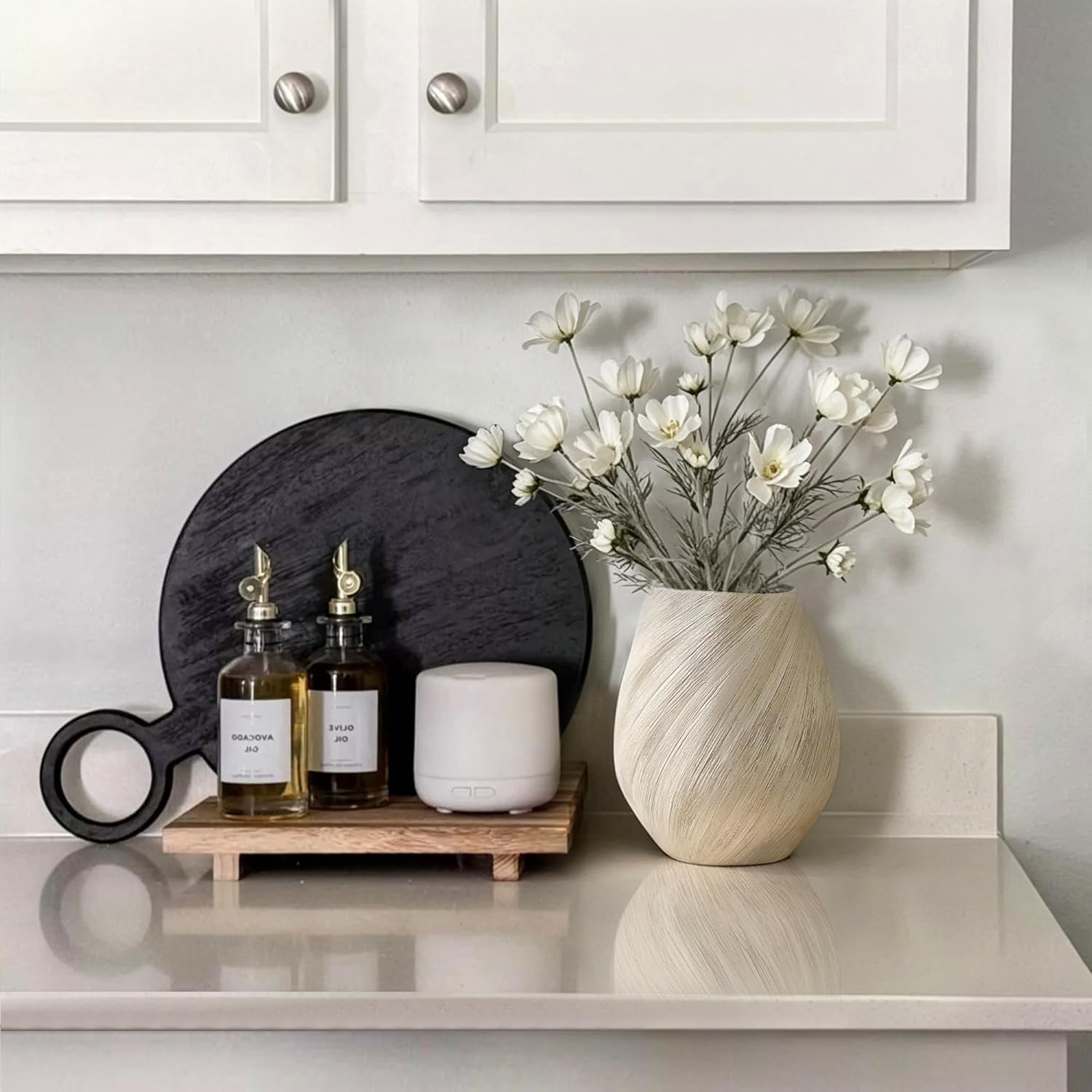 ALMA White Modern Ceramic Vase, 8'' Tall Minimalist Flower Vase for Home Decor, Beige Textured Vase for Living Room, Bedroom, Enterway, Bookshelf, Mantel,Dinning Table, Gift for Wedding & Holiday
