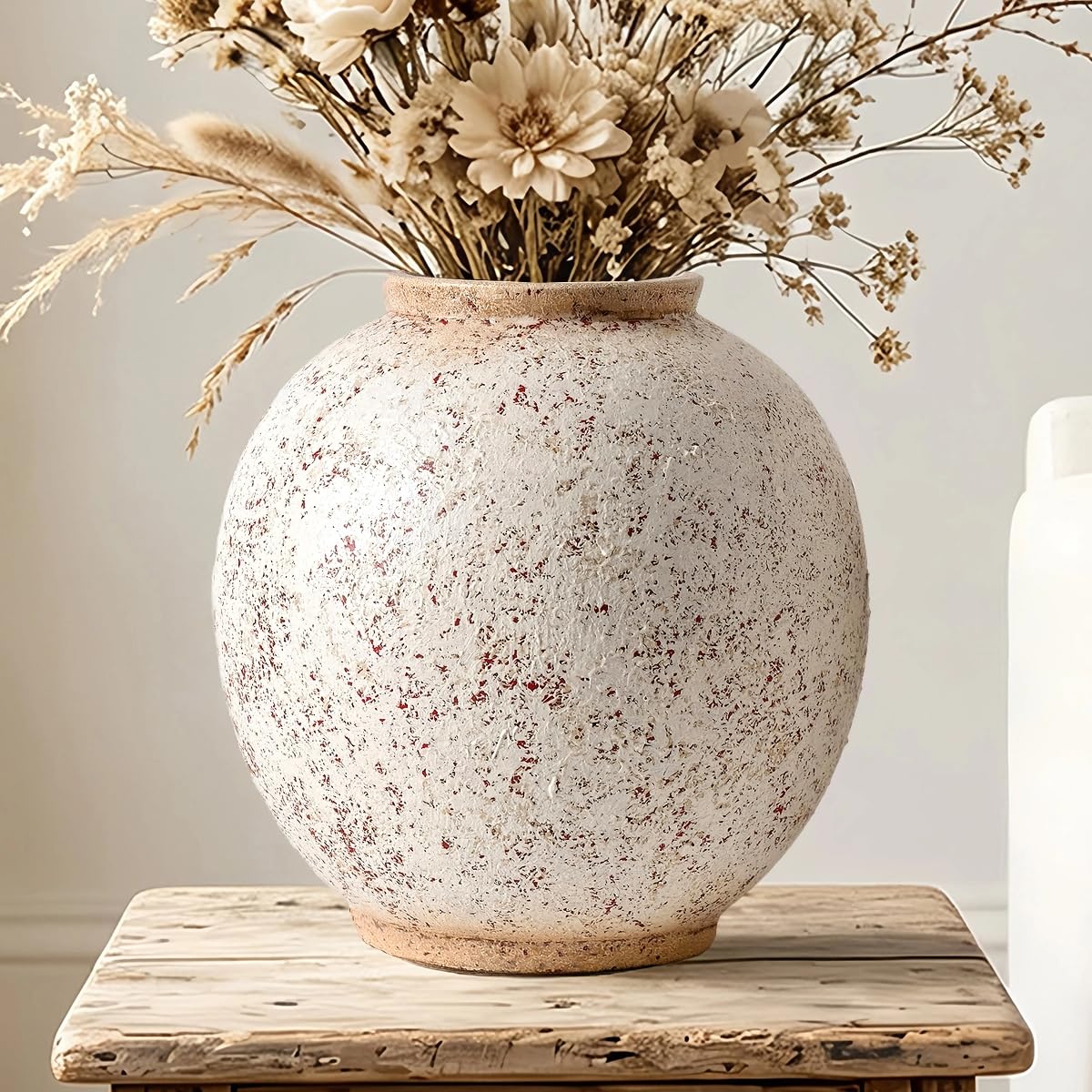 White Ceramic Vase, 9.8" Large, Round, Sandstone White | Farmhouse Style, Hand-Made Textured, Minimalist Design, Home Decor