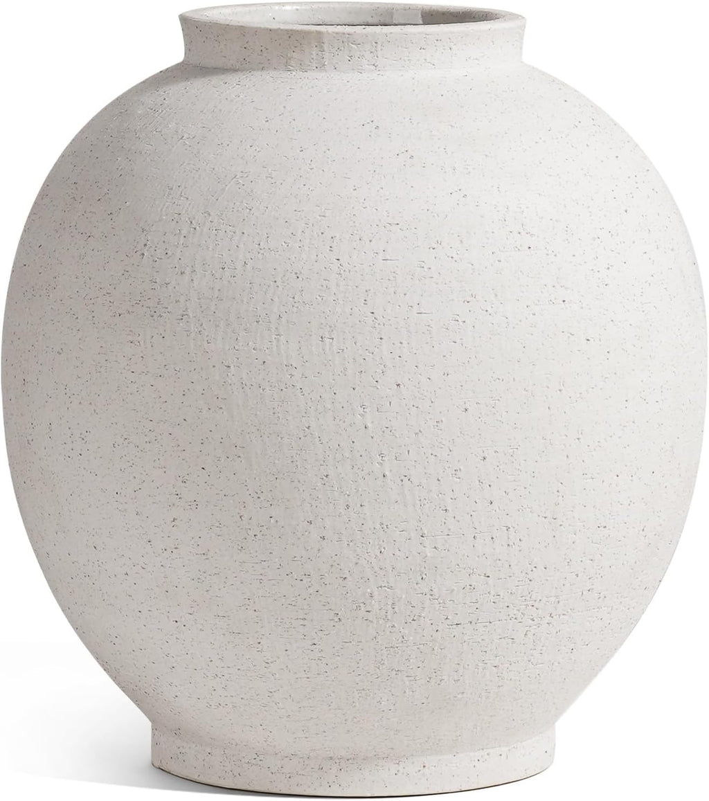 White Ceramic Vase - Large 12.5 Inch Round Floor Vase for Centerpieces, Farmhouse Flower Vases, Rustic Minimalist Home Decor (Sandstone White)