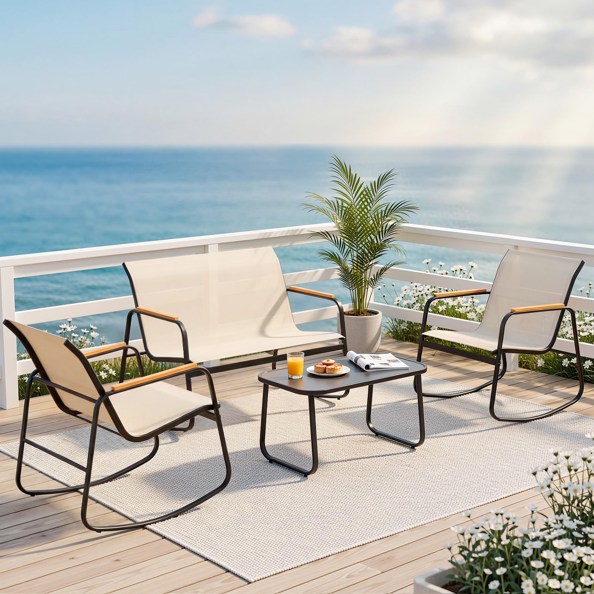 DWVO 3 Piece Patio Furniture Set, Durable Textilene Patio Set with Rocking Chairs Set of 2 & Tempered Glass Table for Garden, Balcony & Poolside, Black
