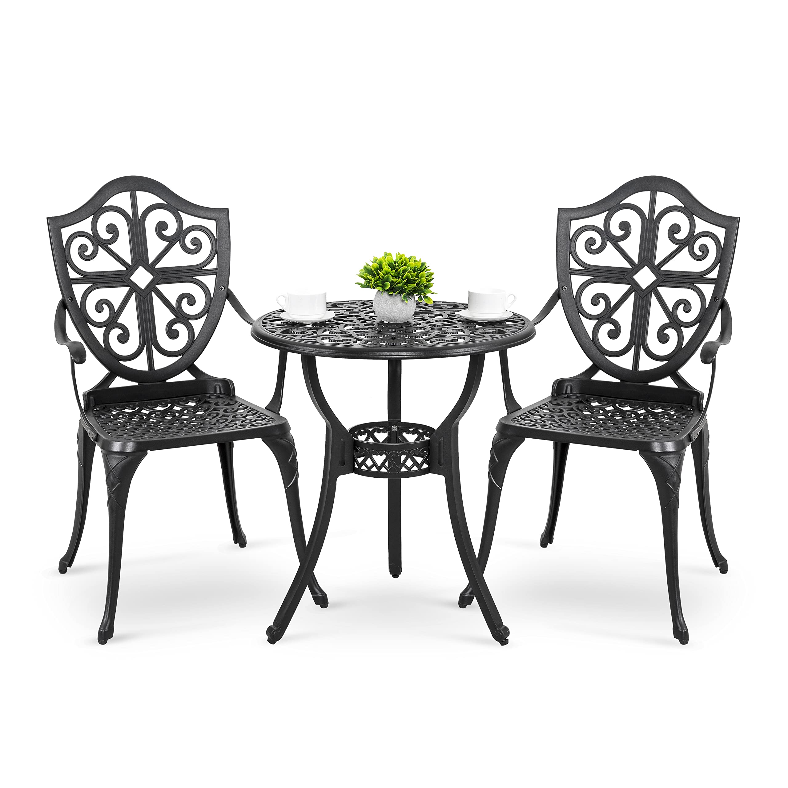 NUU GARDEN 3 Piece Outdoor Bistro Table Set, All Weather Cast Aluminum Patio Bistro Sets Patio Table and Chairs Set of 2 with Umbrella Hole for Yard, Garden, Balcony, Black