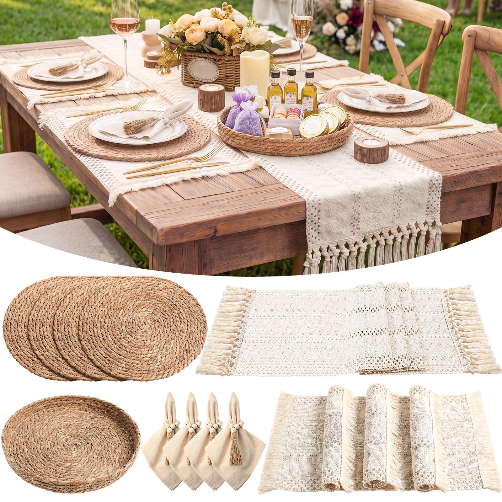 6 Sets Boho Decoration Placemats Round Woven Placemats, Cloth Napkins, Wood Bead Napkin Rings, Long Table Runner and Farmhouse Burlap Cotton for Table Kitchen (Khaki,12x72)
