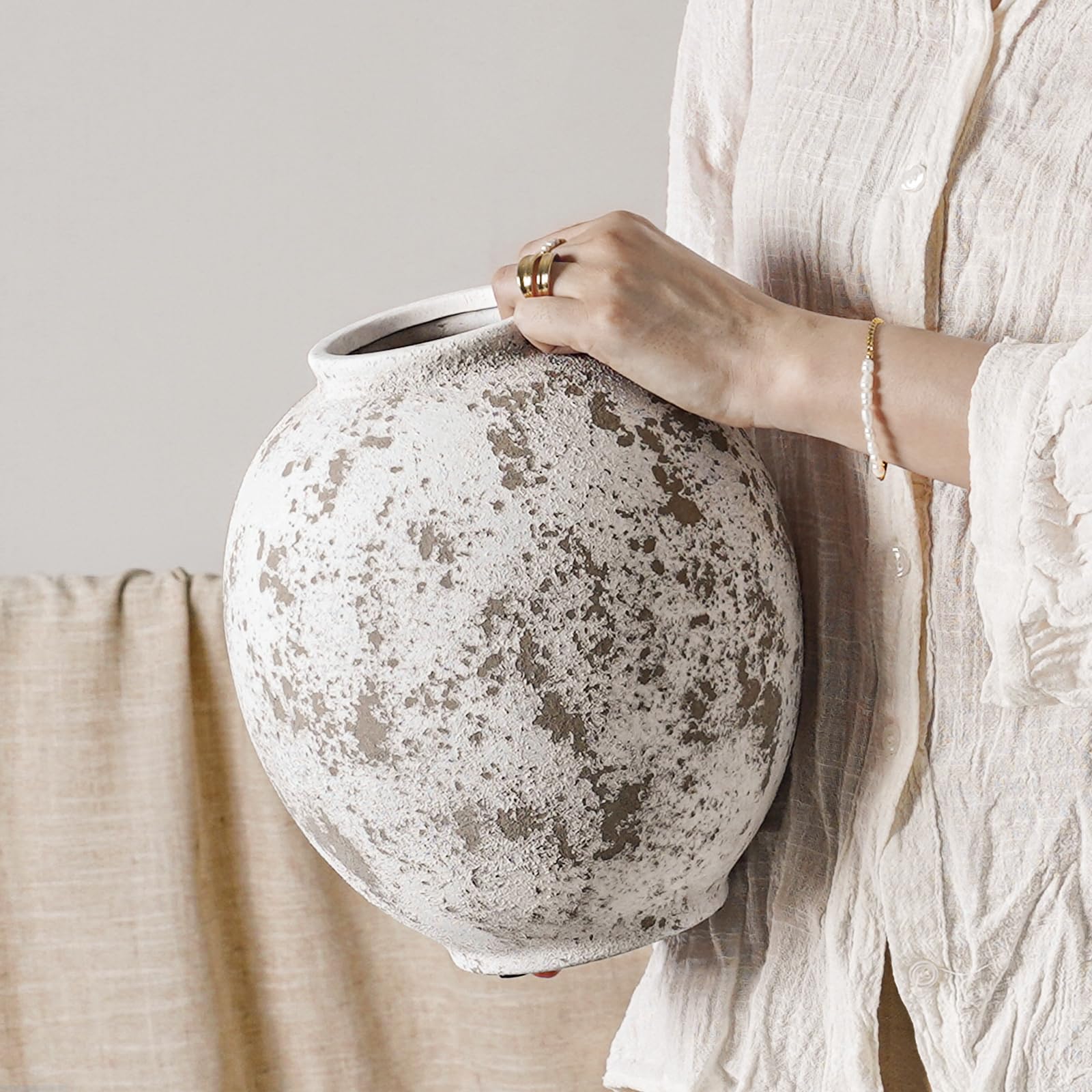 White Ceramic Vase - Large 12.5 Inch Round Floor Vase for Centerpieces, Farmhouse Flower Vases, Rustic Minimalist Home Decor (Sandstone White)