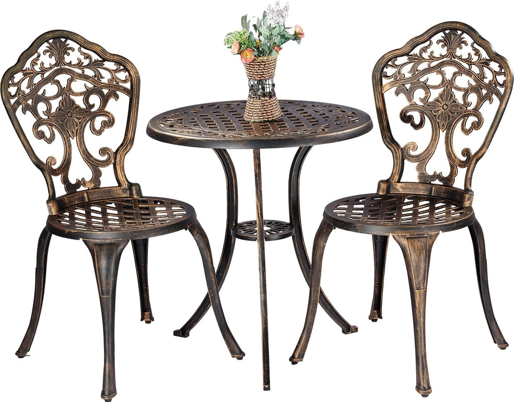 Bistro Set 3 Piece Cast Aluminum Patio Furniture Sets 2 Chairs and 1 Round Table with Umbrella Hole for Outdoor, Patio Balcony, Bronze