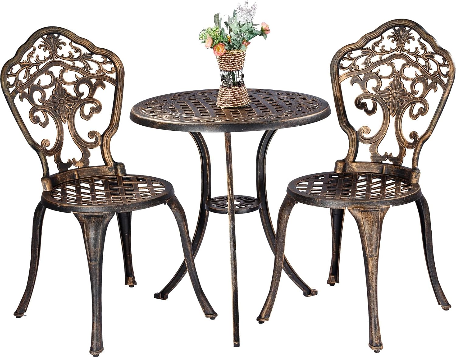 Bistro Set 3 Piece Cast Aluminum Patio Furniture Sets 2 Chairs and 1 Round Table with Umbrella Hole for Outdoor, Patio Balcony, Bronze