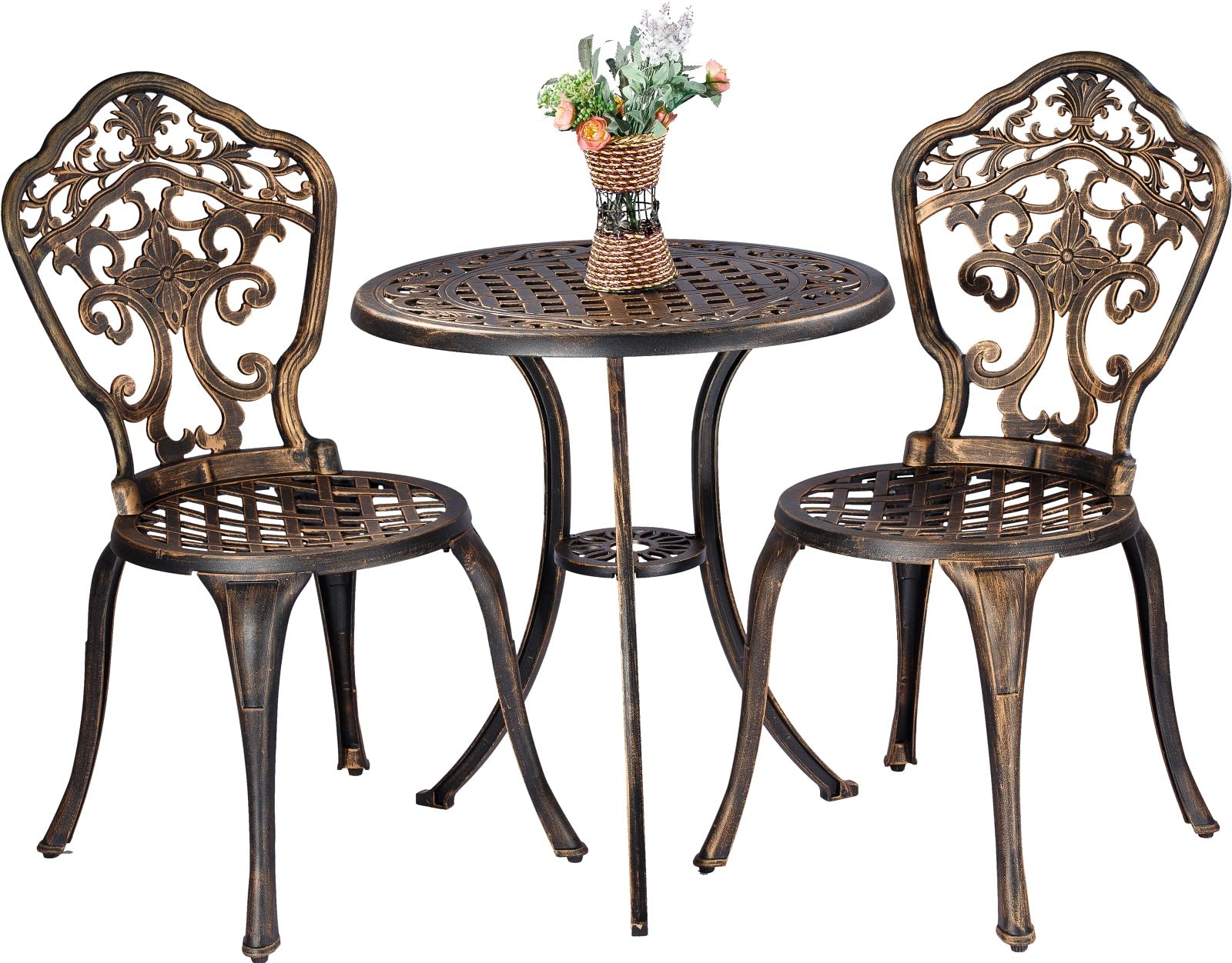 Bistro Set 3 Piece Cast Aluminum Patio Furniture Sets 2 Chairs and 1 Round Table with Umbrella Hole for Outdoor, Patio Balcony, Bronze