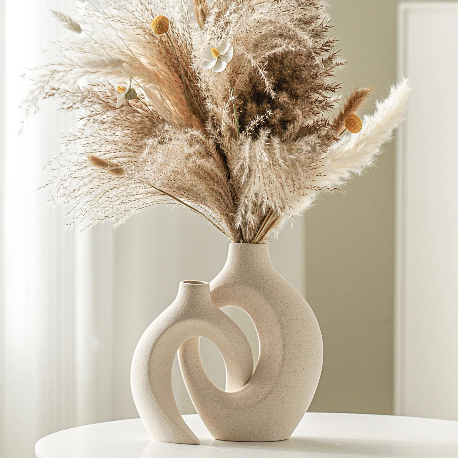 Lvases Snuggle Hollow Ceramic Vase Set of 2, Boho ins Style Round Nordic Mid Century Modern Aesthetic Decorative Vase for Home Decor (Cream W 6.8" X H 11")