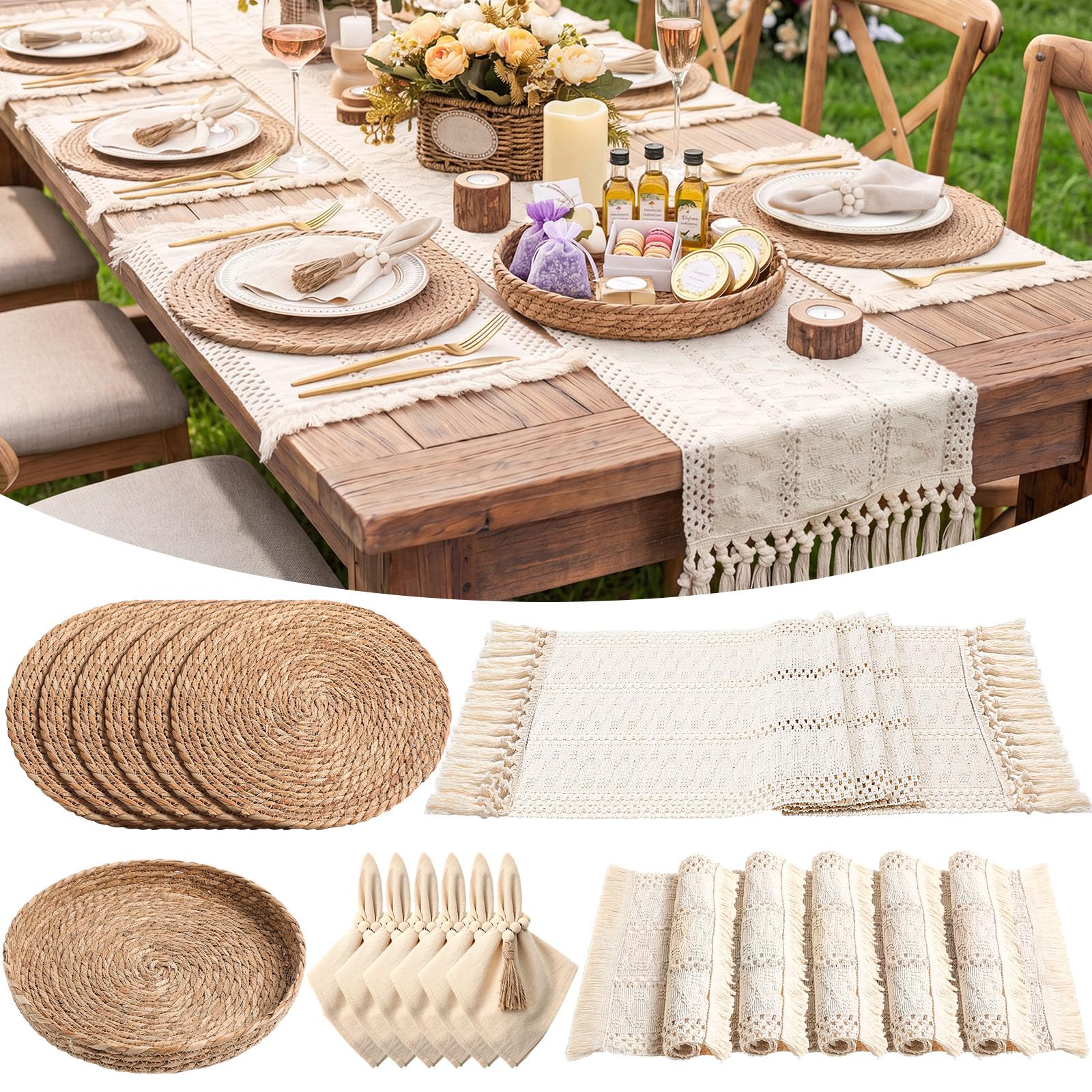 6 Sets Boho Decoration Placemats Round Woven Placemats, Cloth Napkins, Wood Bead Napkin Rings, Long Table Runner and Farmhouse Burlap Cotton for Table Kitchen (Khaki,12x72)