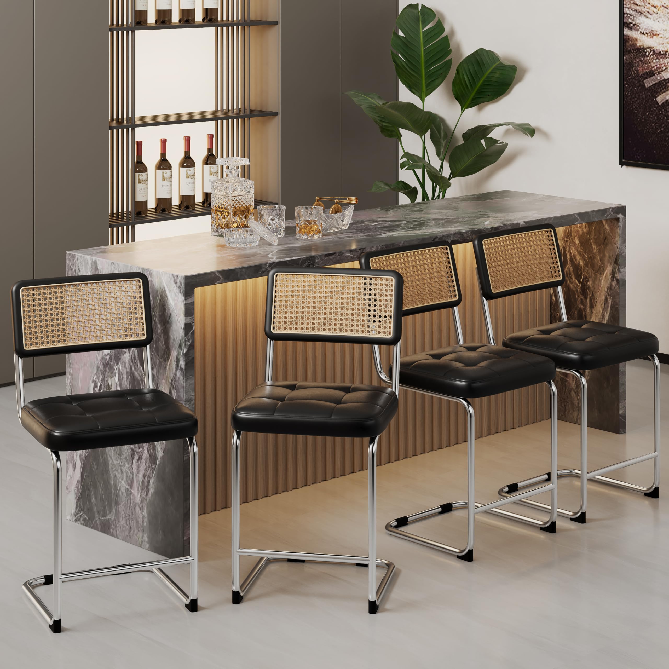 Alunaune Modern Mid Century Dining Chairs Set of 2, Upholstered Natural Rattan Kitchen Chairs Accent Chair, Armless Side Chairs with Metal Chrome Legs for Bedroom Living Room-Brown