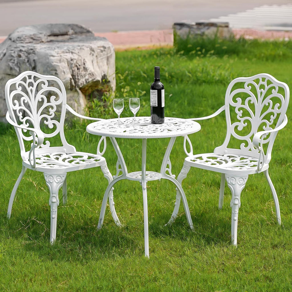 Outdoor Bistro Table and Chairs Set of 2, White Metal Patio Bistro Set, Cast Aluminum Bistro Set 3 Piece Outdoor with Umbrella Hole, 3 Piece Outdoor Bistro Set for Balcony Garden Porch