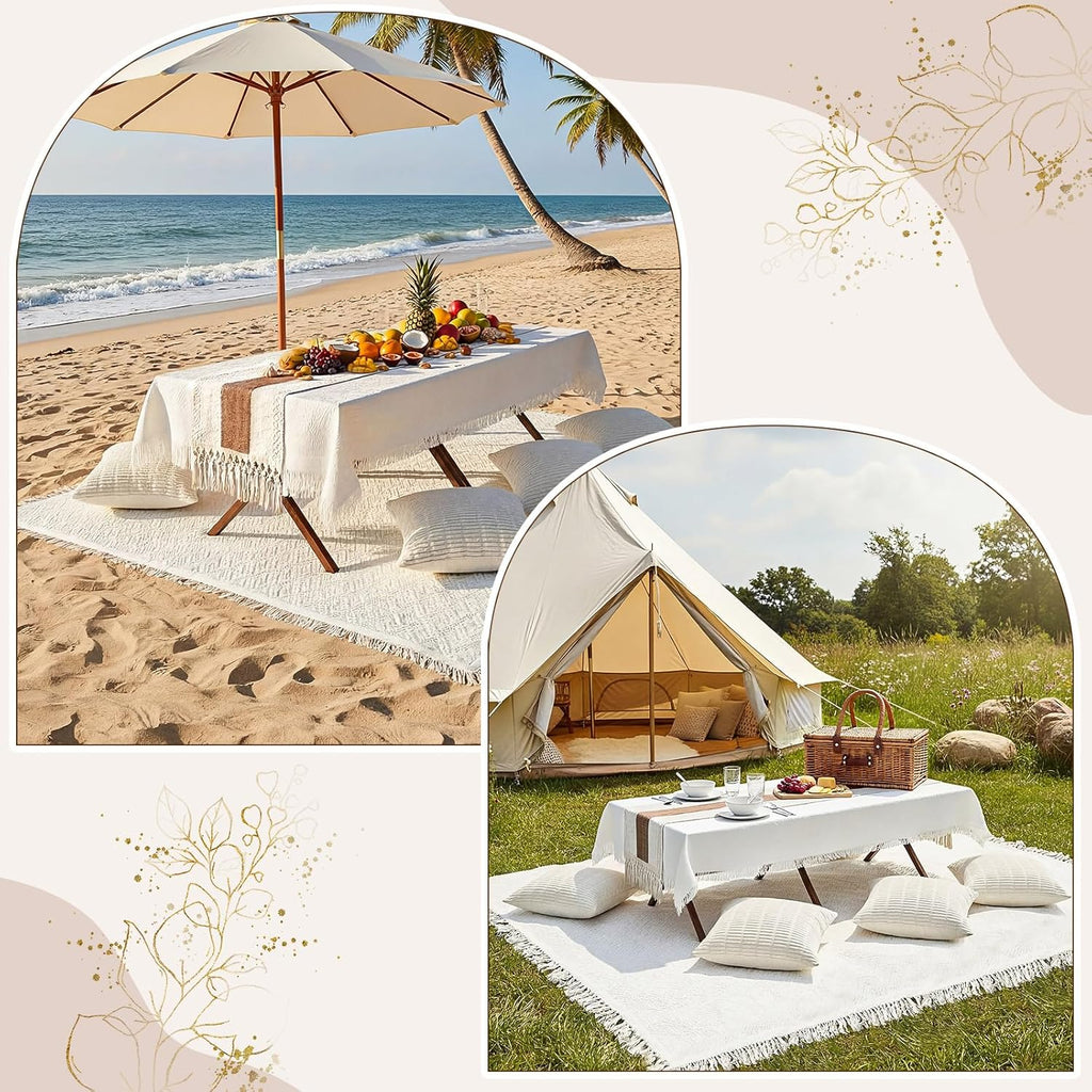 Novabright Picnic Kit Folding Picnic Table Extra Large Outdoor Boho Blanket Beige Table Runner Floor Pillow Covers Woven Cotton Oversize Washable for Camp Wedding (Cream White,Pillow Covers,10 Pcs)
