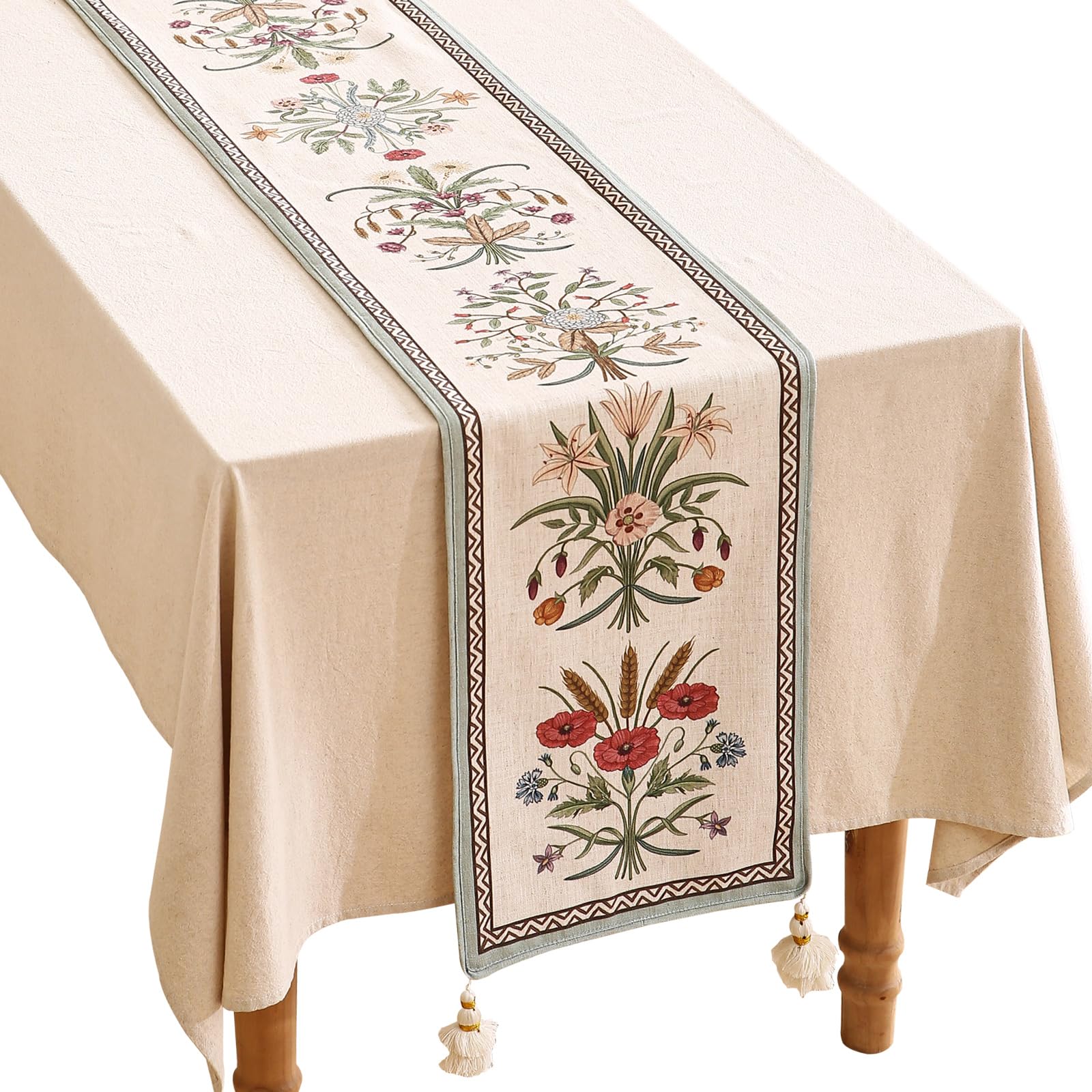 ISAENNE Designer French Country Linen Table Runner 71 Inches Long,Elegant Colorful Floral Pattern Table Runners for Dining Tables,Thanksgiving,Christmas,Kitchen Decor,12"*71"-Serenity F