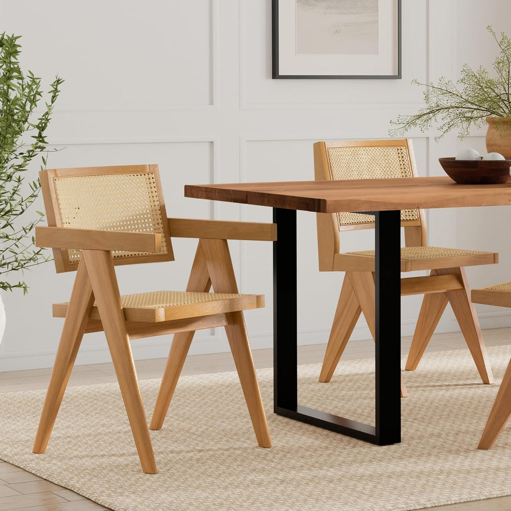 SIMPLIHOME Regina Dining Chairs - Mid-Century Modern Solid Beechwood and Rattan Arm Chair Set in Natural, Dining Room Seating with Open Frame, Curved Arms and Woven Seat and Backrest (Set of 2)