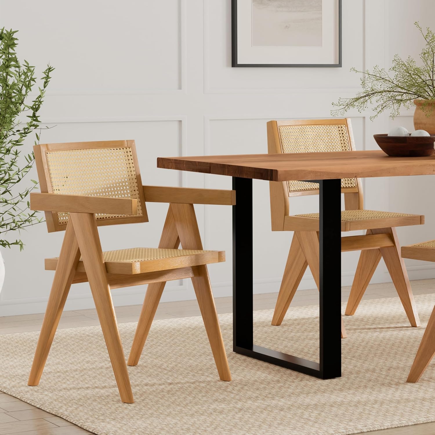SIMPLIHOME Regina Dining Chairs - Mid-Century Modern Solid Beechwood and Rattan Arm Chair Set in Natural, Dining Room Seating with Open Frame, Curved Arms and Woven Seat and Backrest (Set of 2)