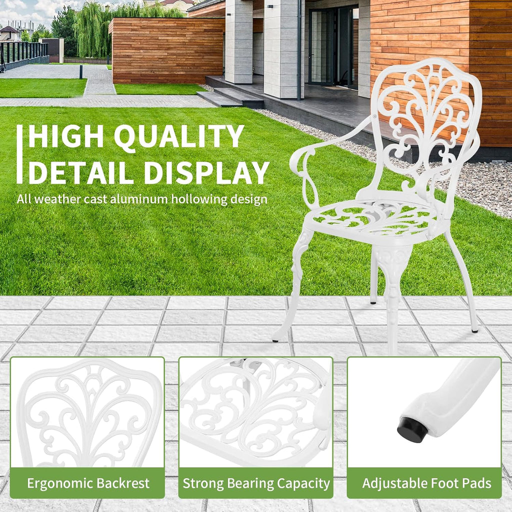 Outdoor Bistro Table and Chairs Set of 2, White Metal Patio Bistro Set, Cast Aluminum Bistro Set 3 Piece Outdoor with Umbrella Hole, 3 Piece Outdoor Bistro Set for Balcony Garden Porch