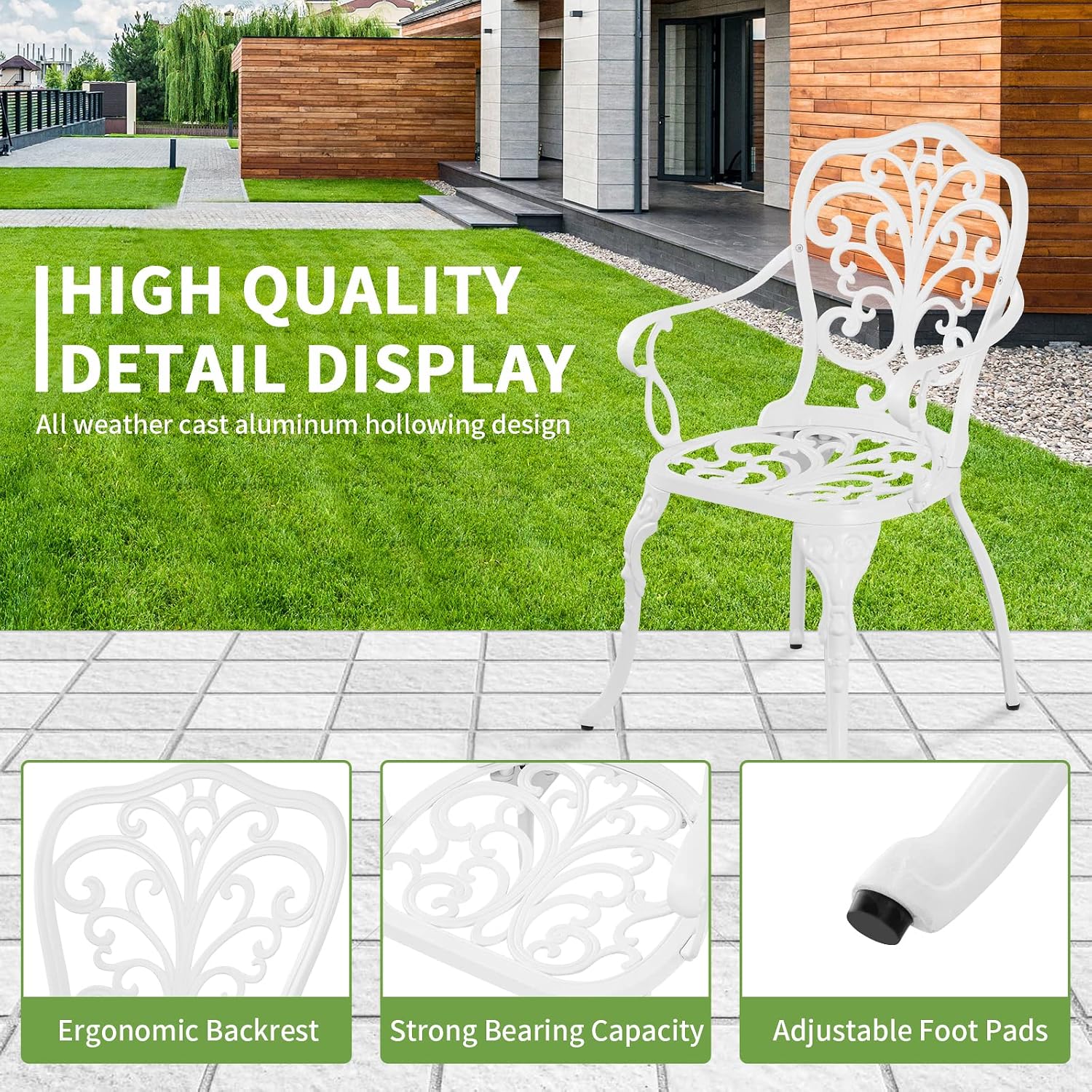 Outdoor Bistro Table and Chairs Set of 2, White Metal Patio Bistro Set, Cast Aluminum Bistro Set 3 Piece Outdoor with Umbrella Hole, 3 Piece Outdoor Bistro Set for Balcony Garden Porch