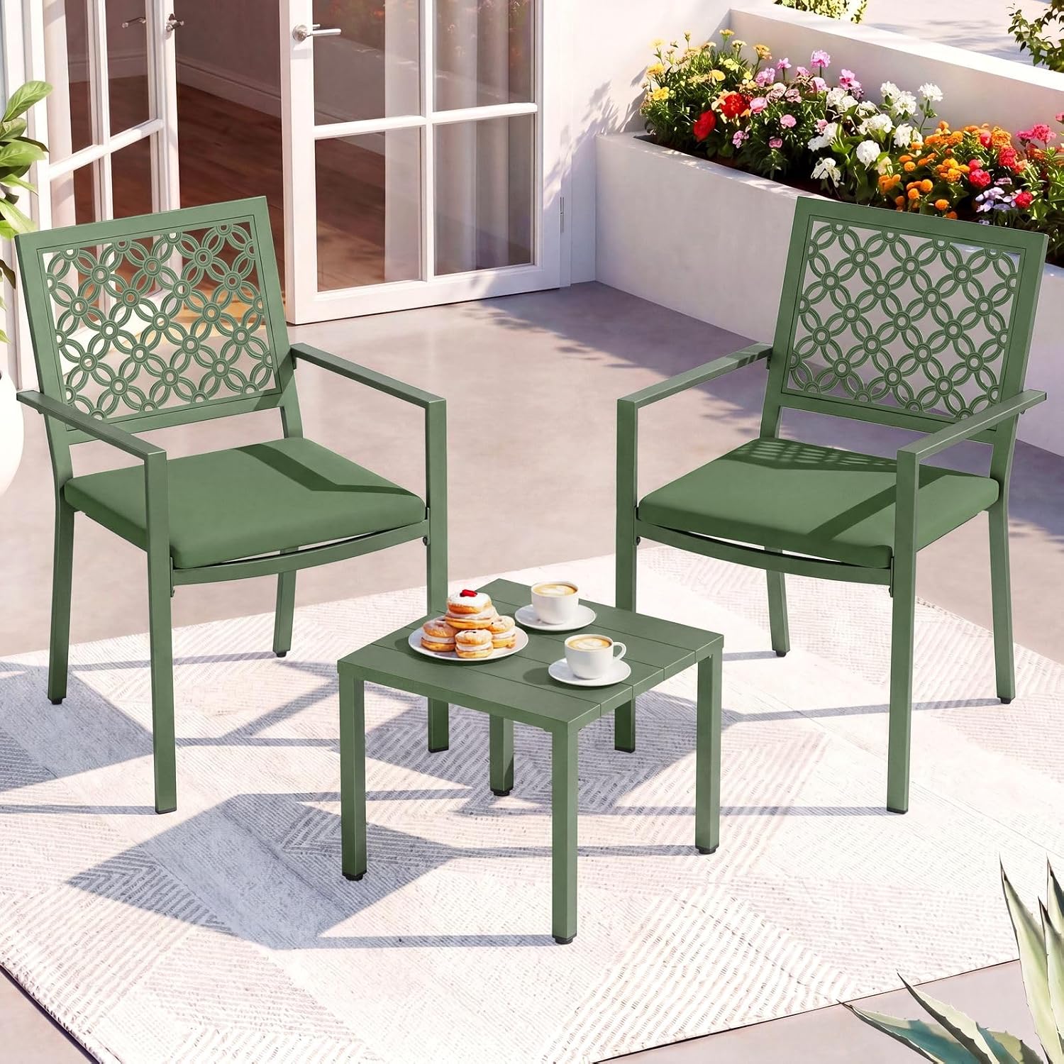 3-Piece Outdoor Bistro Set, Stackable Metal Steel Outdoor Table and Chairs, Waterproof Rustproof Patio Furniture Conversation Set for Porch Garden Balcony Backyard, Sage Green