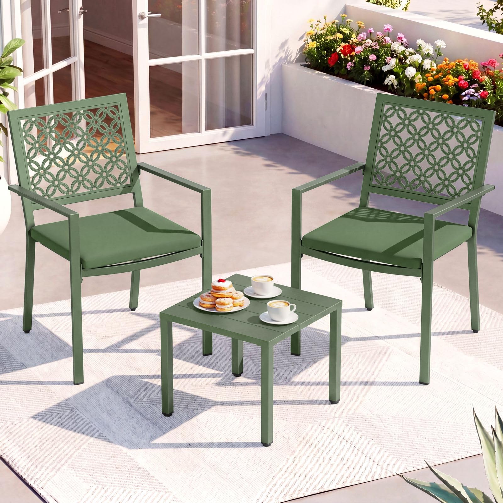 3-Piece Outdoor Bistro Set, Stackable Metal Steel Outdoor Table and Chairs, Waterproof Rustproof Patio Furniture Conversation Set for Porch Garden Balcony Backyard, Sage Green