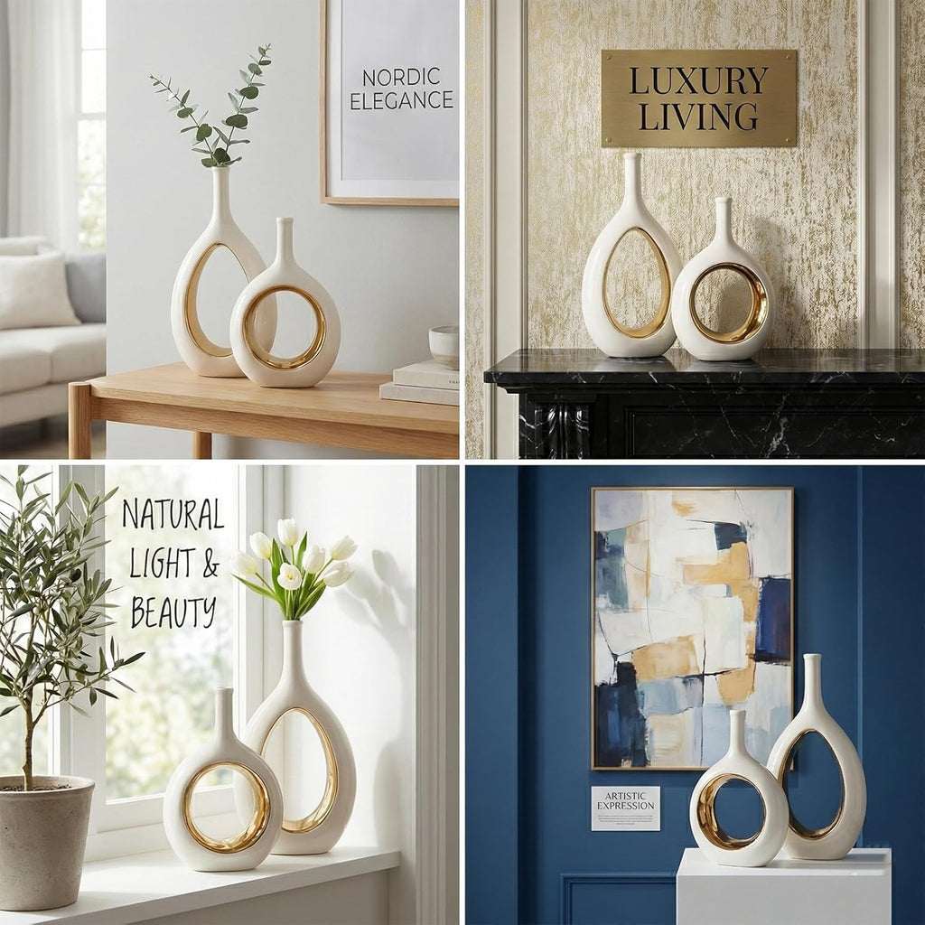 White and Gold Vase Ceramic White Vases Home Decor,Modern Minimalist Circle with Hole Decorative Vase, Hollow Ellipse Flower vases for Bookshelf, Fireplace Mantle, Centerpieces,Farmhouse,Rustic Décor