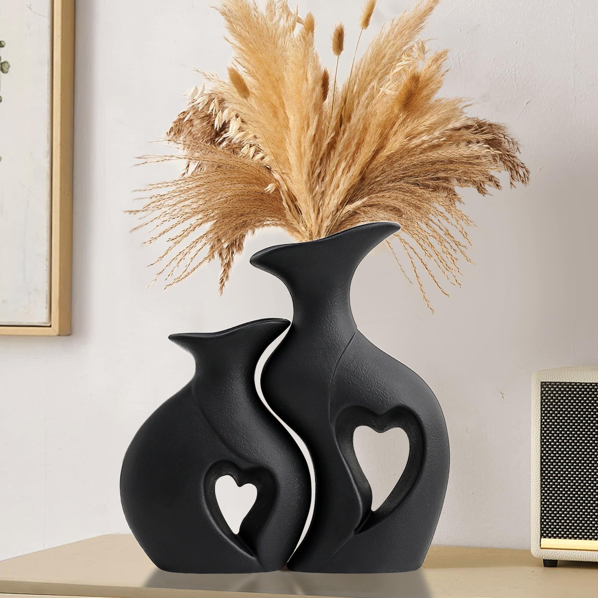 XL Black and White Vase Set of 2,Heart Shaped Ceramic Vases Home Decor,Minimalist Decorative Vases,Modern Home Decor for Wedding Dining Living Room Office Coffee Table Centerpiece