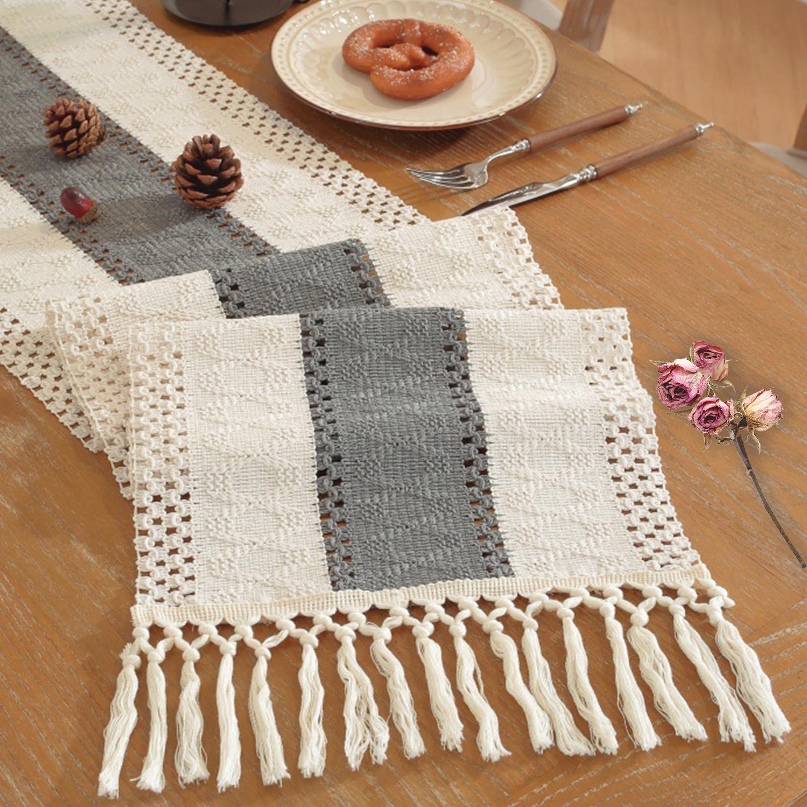 Niviy Boho Table Runner for Home Decor 144 Inches Long Farmhouse Macrame Table Runner Cotton Linen Woven Table Runners for Summer Dining Table Decoration, Beige & Brown