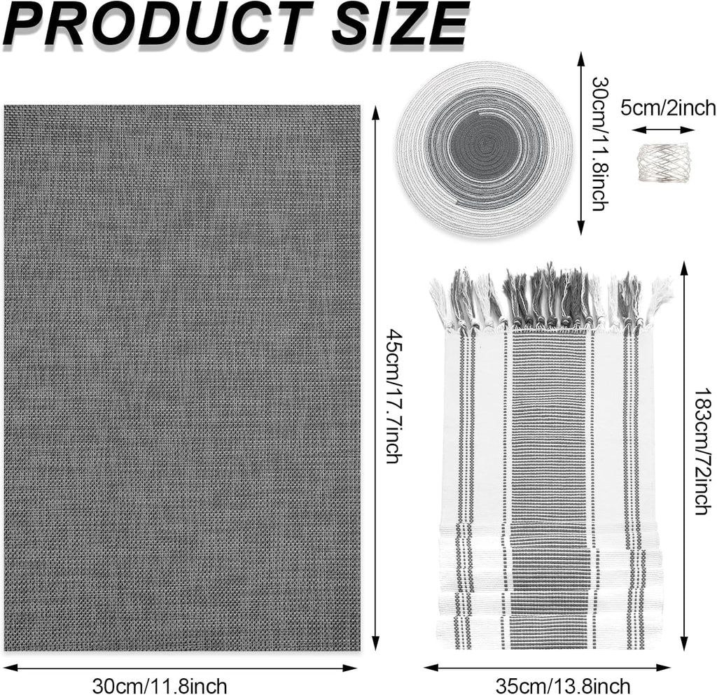 SK Studio 19Pcs Boho Table Runner Placemat and Napkin Ring Set Rectangle and Round Meal Mats Macrame Table Runner with Tassels for Wedding Kitchen Dining, Grey