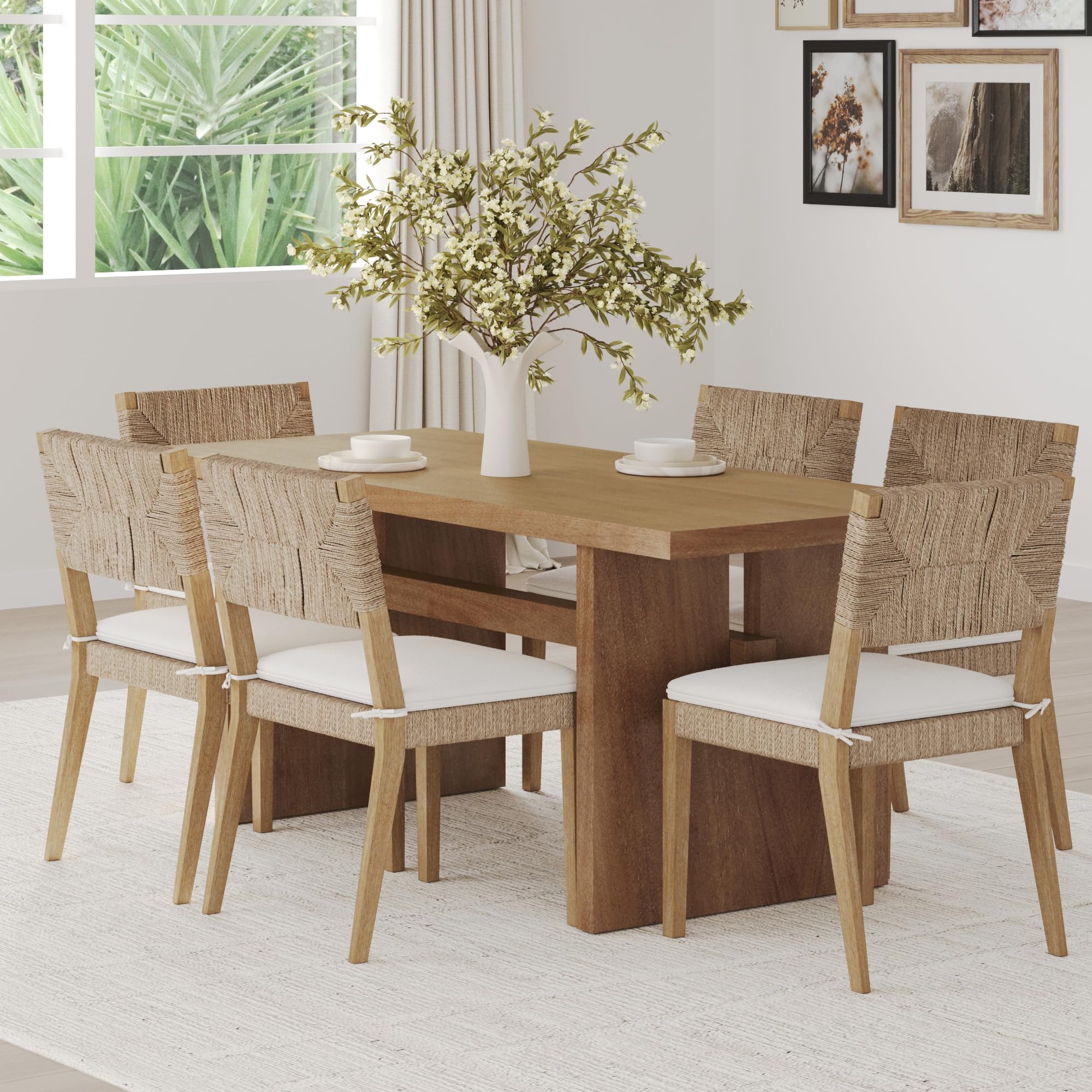 Nathan James Bailey 19 in. Boucle Dining Chair, Upholstered Side Chair with Natural Woven Rattan Back and Solid Wood Legs, Natural Brown/Rattan/Cream Boucle