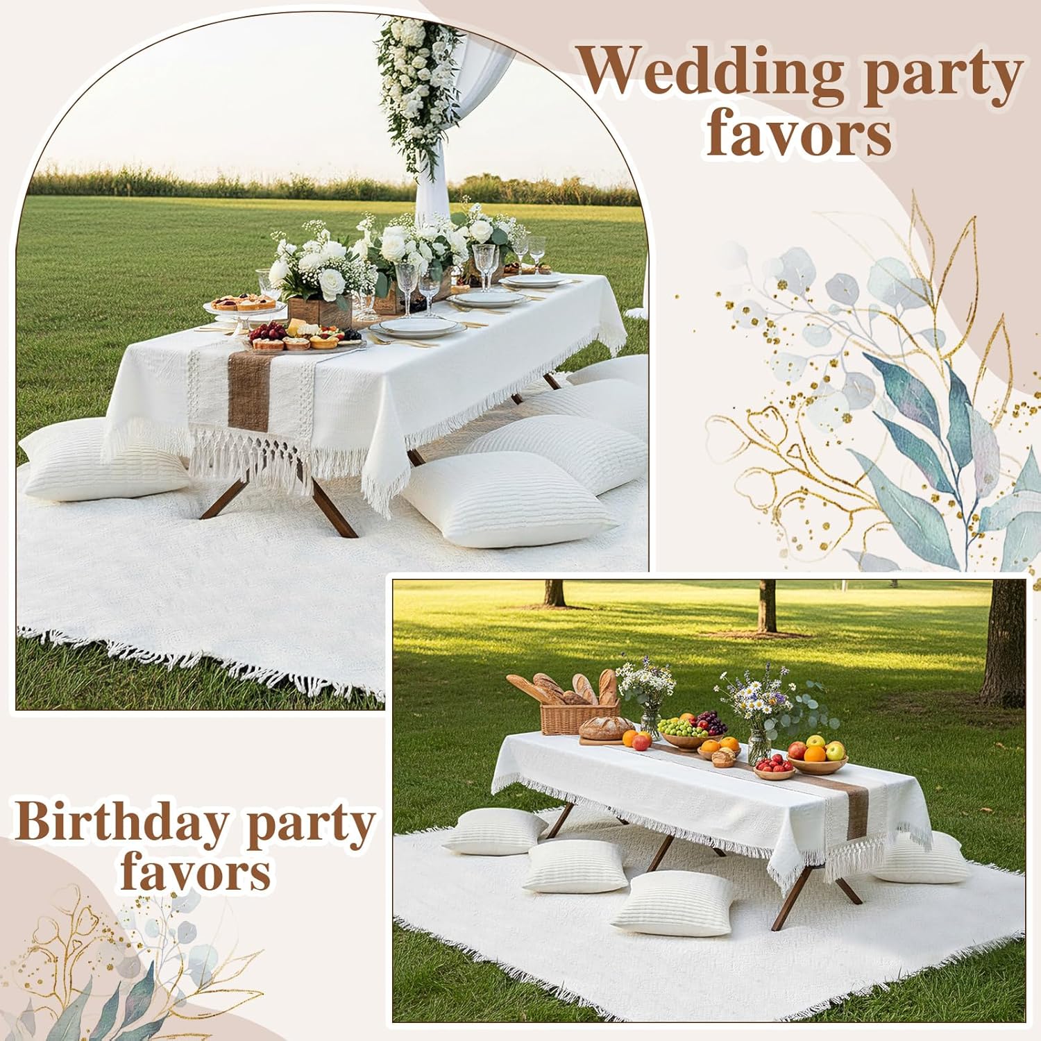 Novabright Picnic Kit Folding Picnic Table Extra Large Outdoor Boho Blanket Beige Table Runner Floor Pillow Covers Woven Cotton Oversize Washable for Camp Wedding (Cream White,Pillow Covers,10 Pcs)