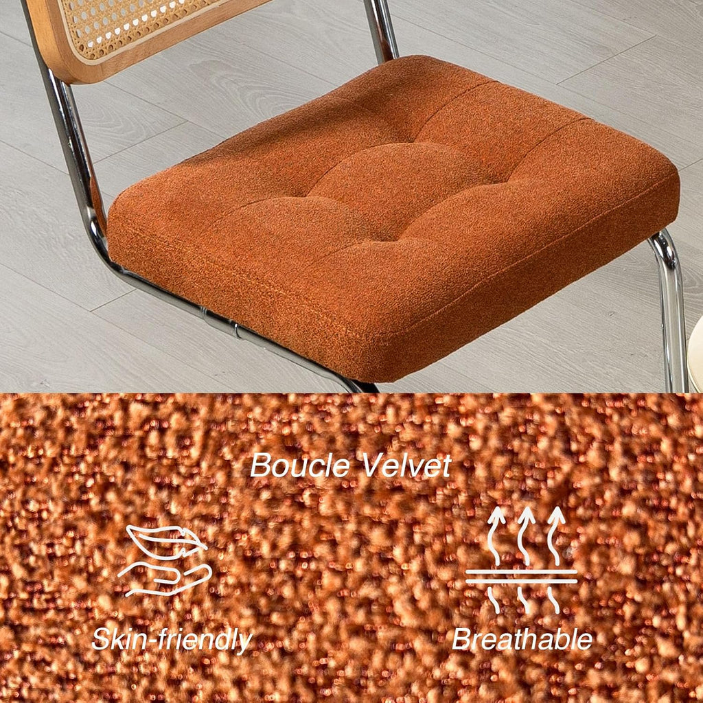 Mid-Century Orange Dining Chairs Set of 2, Modern Velvet Rattan Back Chairs, Upholstery Kitchen Chairs with Silver Chromed Sled Base, Cane Back Accent Chair for Bedroom, Orange