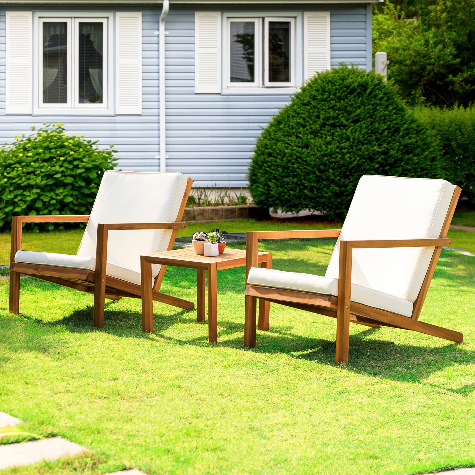 Idzo Heavy Duty 400lbs Capacity Patio Bistro Set 3 Piece Outdoor, Folding Chairs w/Cushion, Square Table, FSC-Certified Acacia Wood, Space-Saving Design for Balcony, Garden and Porch - Upgrade