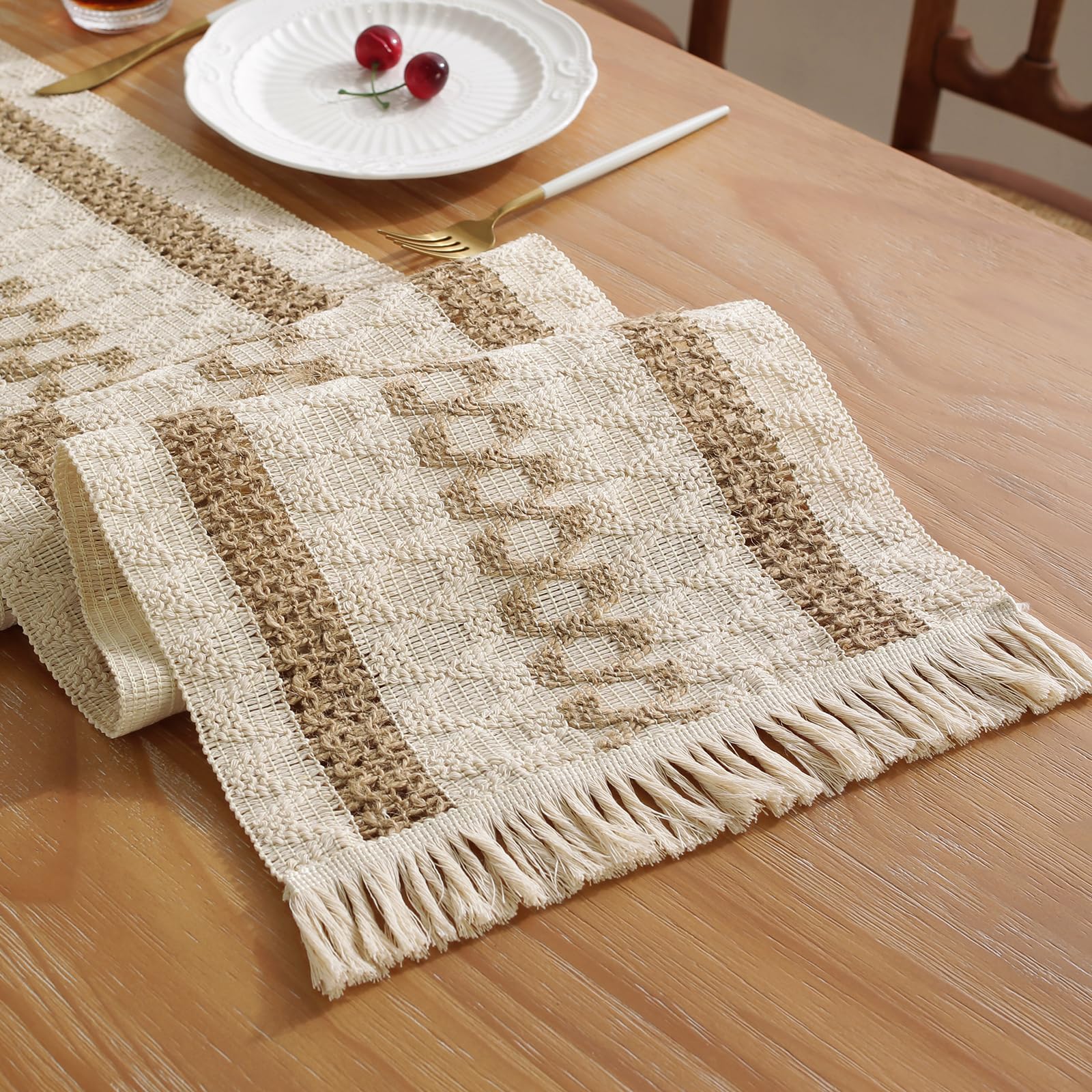 Niviy Boho Table Runner for Home Decor 144 Inches Long Farmhouse Macrame Table Runner Cotton Linen Woven Table Runners for Summer Dining Table Decoration, Beige & Brown