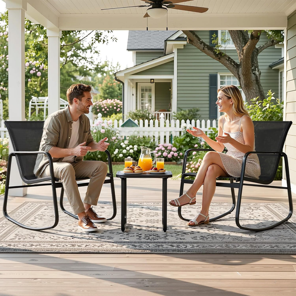 DWVO 3 Piece Patio Furniture Set, Durable Textilene Patio Set with Rocking Chairs Set of 2 & Tempered Glass Table for Garden, Balcony & Poolside, Black