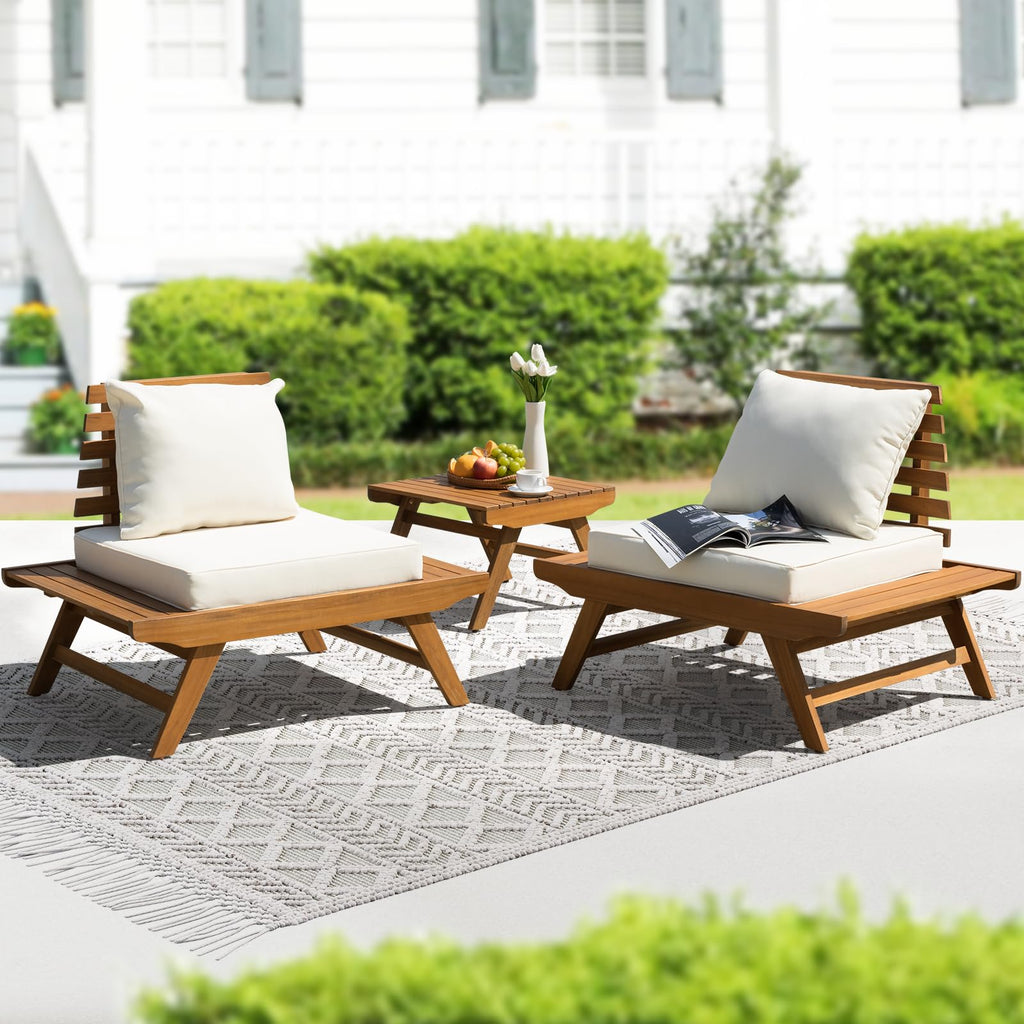 Idzo Heavy Duty 400lbs Capacity Patio Bistro Set 3 Piece Outdoor, Folding Chairs w/Cushion, Square Table, FSC-Certified Acacia Wood, Space-Saving Design for Balcony, Garden and Porch - Upgrade