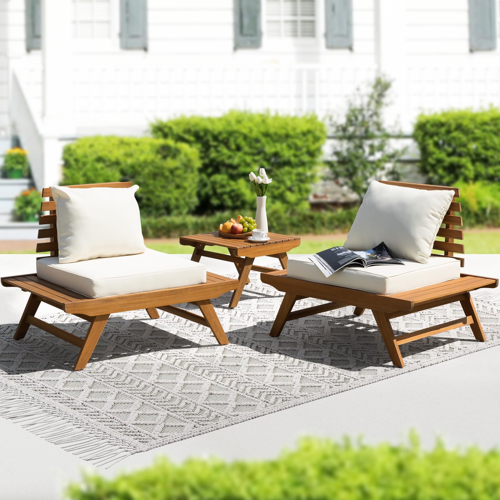 Idzo Heavy Duty 400lbs Capacity Patio Bistro Set 3 Piece Outdoor, Folding Chairs w/Cushion, Square Table, FSC-Certified Acacia Wood, Space-Saving Design for Balcony, Garden and Porch - Upgrade