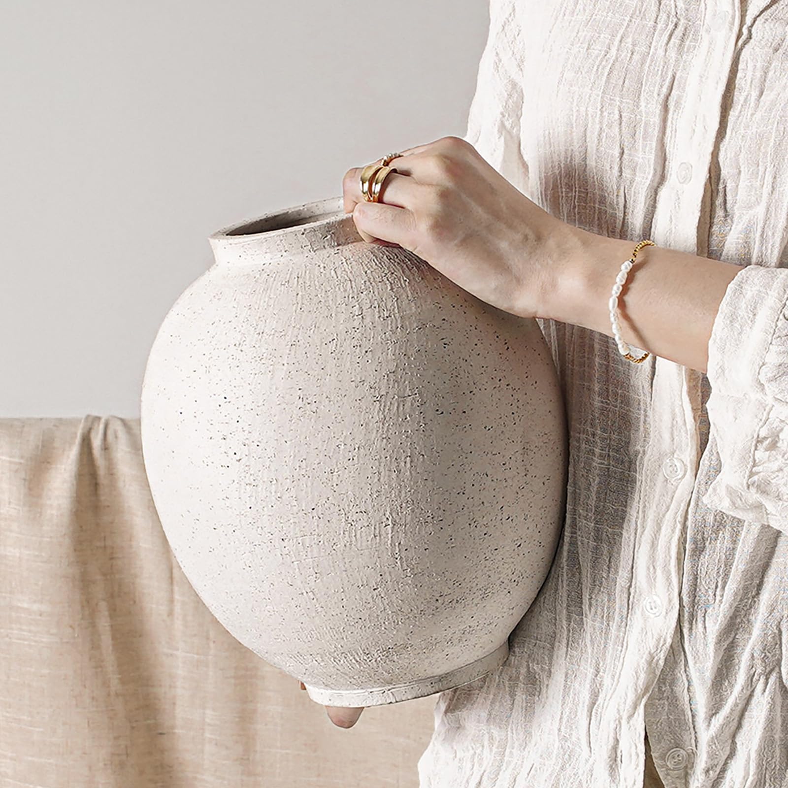 White Ceramic Vase - Large 12.5 Inch Round Floor Vase for Centerpieces, Farmhouse Flower Vases, Rustic Minimalist Home Decor (Sandstone White)