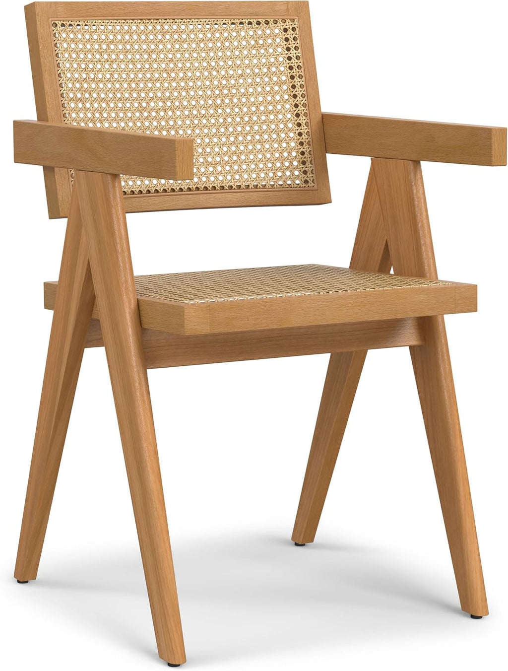 SIMPLIHOME Regina Dining Chairs - Mid-Century Modern Solid Beechwood and Rattan Arm Chair Set in Natural, Dining Room Seating with Open Frame, Curved Arms and Woven Seat and Backrest (Set of 2)