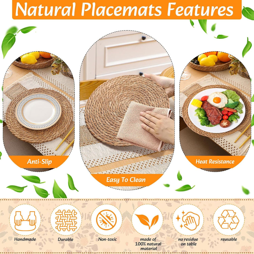 6 Sets Boho Decoration Placemats Round Woven Placemats, Cloth Napkins, Wood Bead Napkin Rings, Long Table Runner and Farmhouse Burlap Cotton for Table Kitchen (Khaki,12x72)