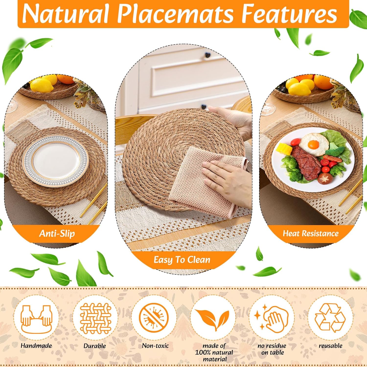 6 Sets Boho Decoration Placemats Round Woven Placemats, Cloth Napkins, Wood Bead Napkin Rings, Long Table Runner and Farmhouse Burlap Cotton for Table Kitchen (Khaki,12x72)