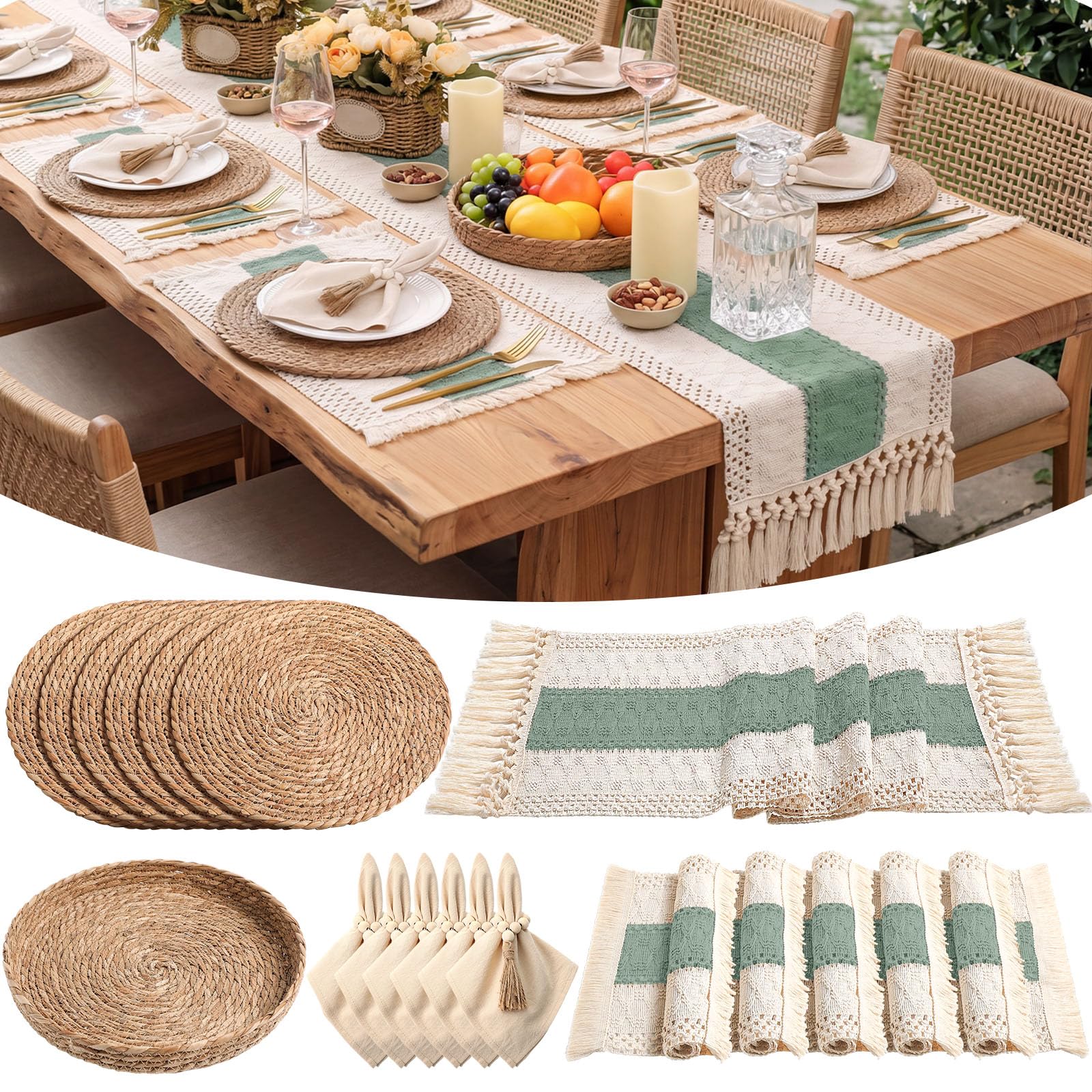 6 Sets Boho Decoration Placemats Round Woven Placemats, Cloth Napkins, Wood Bead Napkin Rings, Long Table Runner and Farmhouse Burlap Cotton for Table Kitchen (Khaki,12x72)