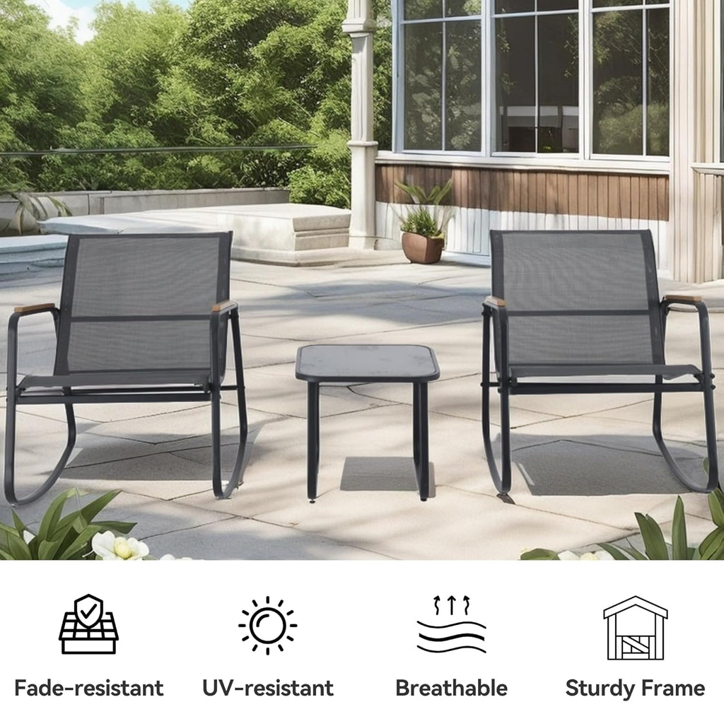 DWVO Patio Rocking Bistro Set, 3 Piece Durable Textilene Outdoor Furniture Set, Wooden Armrest Rocker Chairs & Glass Table for Garden, Balcony & Poolside, Black