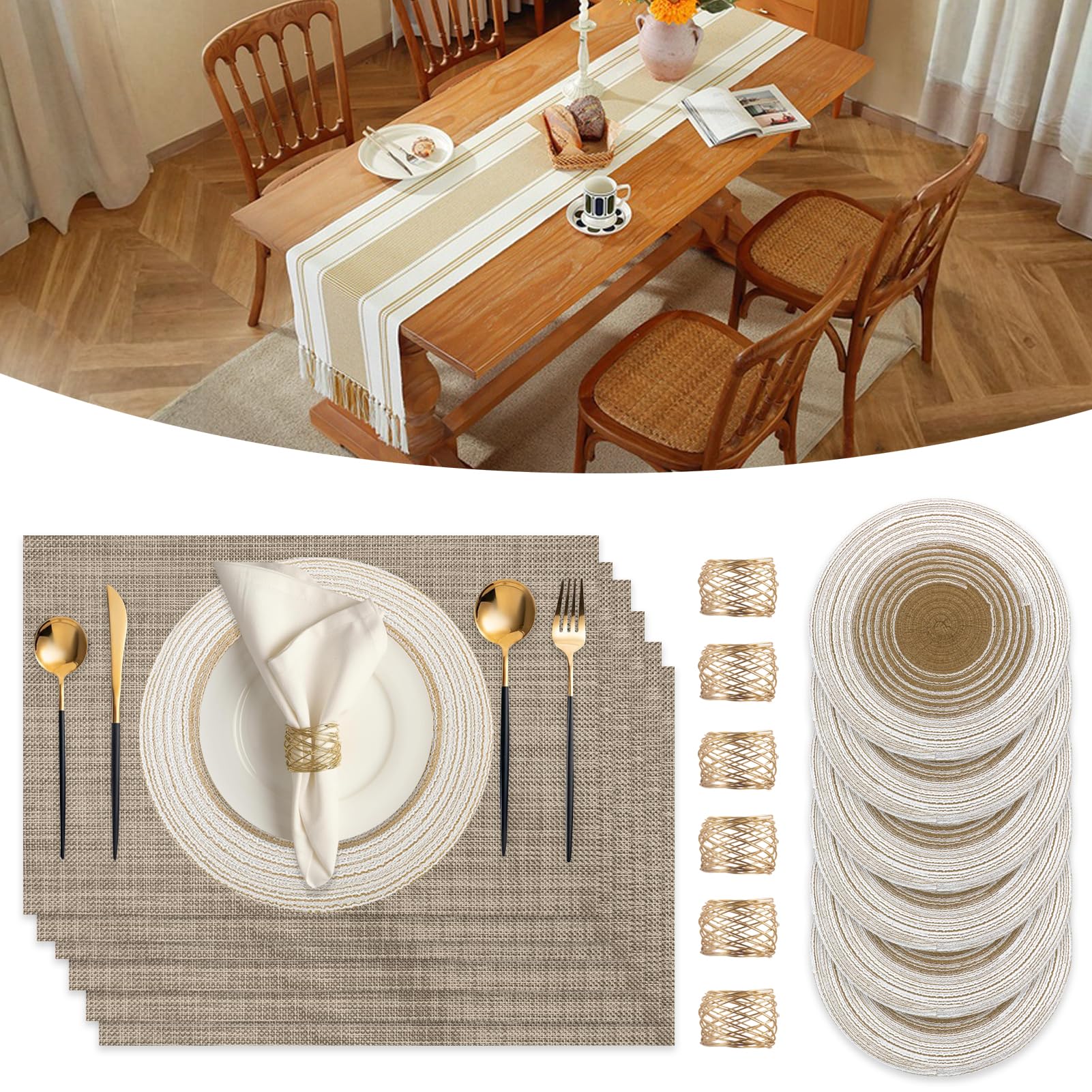 SK Studio 19Pcs Boho Table Runner Placemat and Napkin Ring Set Rectangle and Round Meal Mats Macrame Table Runner with Tassels for Wedding Kitchen Dining, Grey