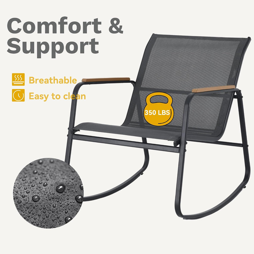 DWVO Patio Rocking Bistro Set, 3 Piece Durable Textilene Outdoor Furniture Set, Wooden Armrest Rocker Chairs & Glass Table for Garden, Balcony & Poolside, Black