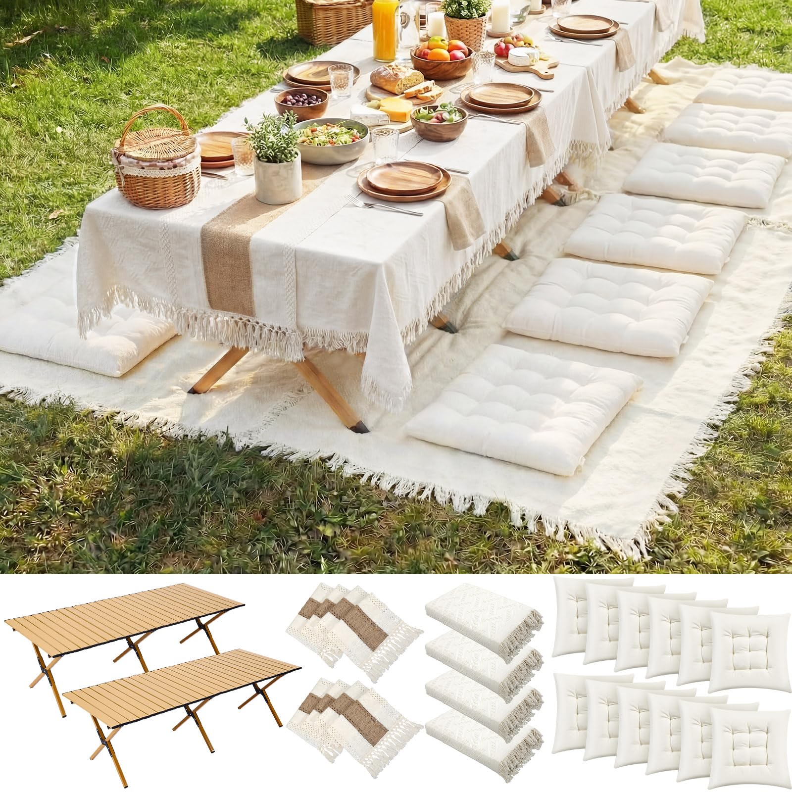 Novabright Picnic Kit Folding Picnic Table Extra Large Outdoor Boho Blanket Beige Table Runner Floor Pillow Covers Woven Cotton Oversize Washable for Camp Wedding (Cream White,Pillow Covers,10 Pcs)